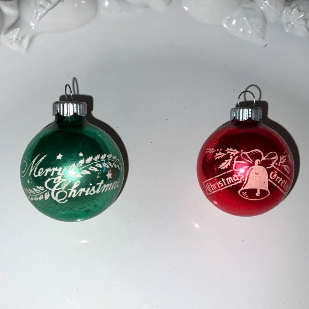 2 Beautiful small Shiny Brite Stenciled Ornaments Merry Christmas red & Green